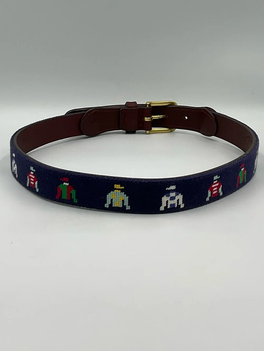 Boy’s Tucker Blair Jockey Silk Hand Stitched Needlepoint Leather Belt Size Large